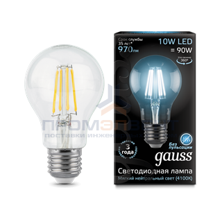 Лампа Gauss Filament А60 10W 970lm 4100К Е27 LED 1/10/40